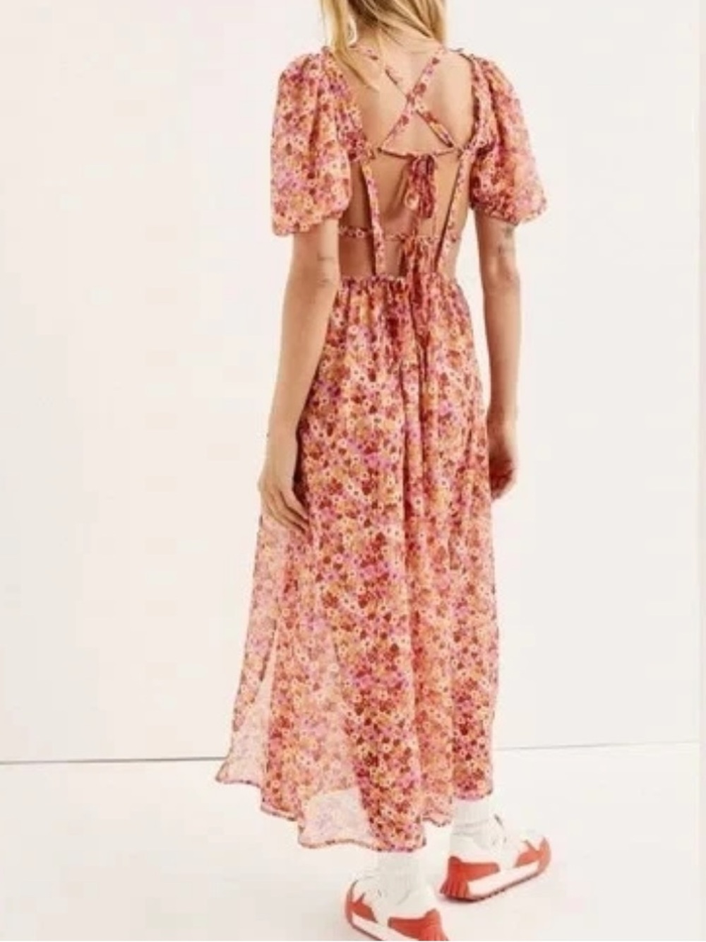For Love & Lemons Felicia Midi Dress Puff Sleeve Floral Small Coquette Romantic